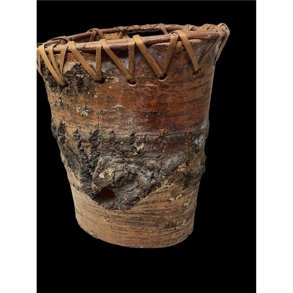 Native American Style Handmade Rustic Folk Art Bark Basket Signed By Artist 10"